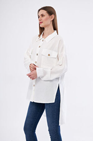 Pasaklı Giyim Kadın Oversize Arkası Uzun Pileli Uzun Kollu Haki Uzun Keten Gömlek Tunik 3524260