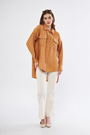 Pasaklı Giyim Kadın Oversize Arkası Uzun Pileli Uzun Kollu Haki Uzun Keten Gömlek Tunik 3524260