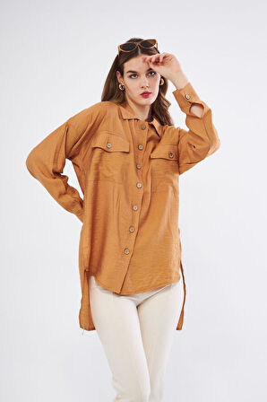 Pasaklı Giyim Kadın Oversize Arkası Uzun Pileli Uzun Kollu Haki Uzun Keten Gömlek Tunik 3524260