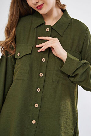 Pasaklı Giyim Kadın Oversize Arkası Uzun Pileli Uzun Kollu Haki Uzun Keten Gömlek Tunik 3524260