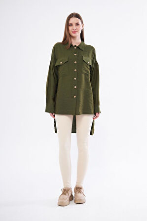 Pasaklı Giyim Kadın Oversize Arkası Uzun Pileli Uzun Kollu Haki Uzun Keten Gömlek Tunik 3524260