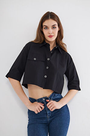 Kadın Crop Cepli Kısa Terrycotton Kaliteli Kumaş Turuncu Gömlek- Krop 3533160