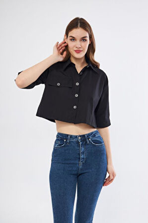 Kadın Crop Cepli Kısa Terrycotton Kaliteli Kumaş Turuncu Gömlek- Krop 3533160