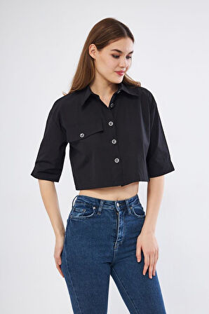 Kadın Crop Cepli Kısa Terrycotton Kaliteli Kumaş Turuncu Gömlek- Krop 3533160