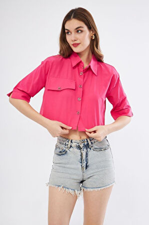 Kadın Crop Cepli Kısa Terrycotton Kaliteli Kumaş Turuncu Gömlek- Krop 3533160
