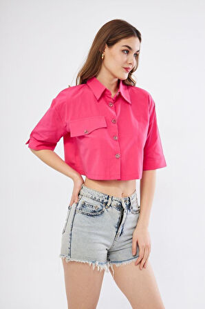 Kadın Crop Cepli Kısa Terrycotton Kaliteli Kumaş Turuncu Gömlek- Krop 3533160