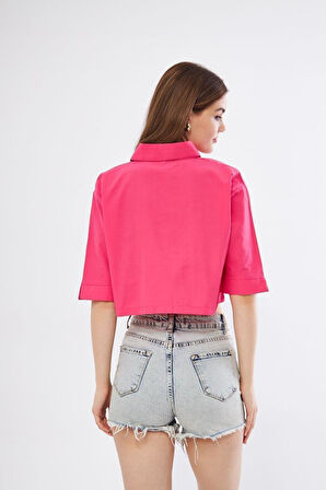 Kadın Crop Cepli Kısa Terrycotton Kaliteli Kumaş Turuncu Gömlek- Krop 3533160