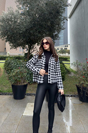 Kadın Şanel Ekose Oduncu Tüvit Kısa Cepli Kaşe Ceket 3540209