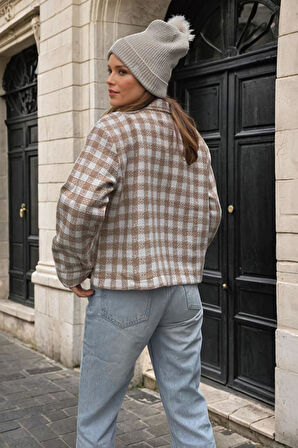 Kadın Şanel Ekose Oduncu Tüvit Kısa Cepli Kaşe Ceket 3540209