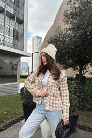 Kadın Şanel Ekose Oduncu Tüvit Kısa Cepli Kaşe Ceket 3540209