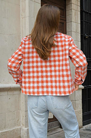 Kadın Şanel Ekose Oduncu Tüvit Kısa Cepli Kaşe Ceket 3540209