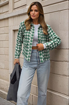 Kadın Şanel Ekose Oduncu Tüvit Kısa Cepli Kaşe Ceket 3540209