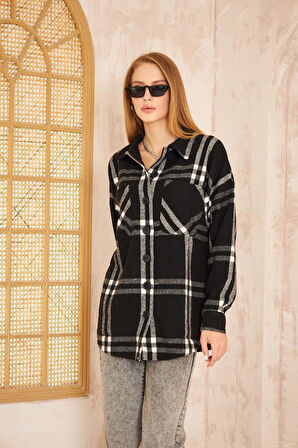 Kadın Kaşe Ekose Desenli Rahat Kalıp Uzun Cepli Spor Oduncu Gömlek Siyah 3539210