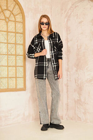 Kadın Kaşe Ekose Desenli Rahat Kalıp Uzun Cepli Spor Oduncu Gömlek Siyah 3539210