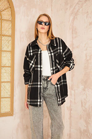 Kadın Kaşe Ekose Desenli Rahat Kalıp Uzun Cepli Spor Oduncu Gömlek Siyah 3539210