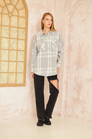 Kadın Kaşe Ekose Desenli Rahat Kalıp Uzun Cepli Spor Oduncu Gömlek  3539210