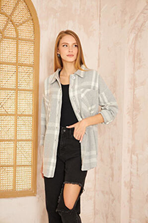 Kadın Kaşe Ekose Desenli Rahat Kalıp Uzun Cepli Spor Oduncu Gömlek  3539210