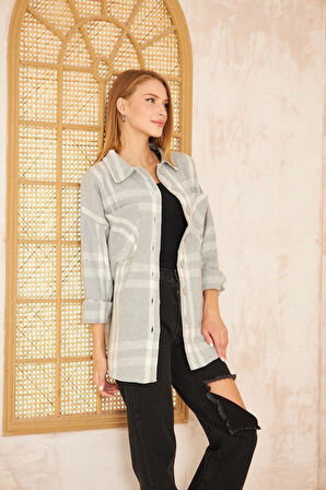 Kadın Kaşe Ekose Desenli Rahat Kalıp Uzun Cepli Spor Oduncu Gömlek  3539210