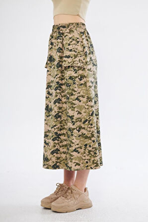 Kadın Kamuflaj Desen Gabardin Kumaş Etek Beli Lastikli Cep Detaylı Uzun Spor Etek 3553190