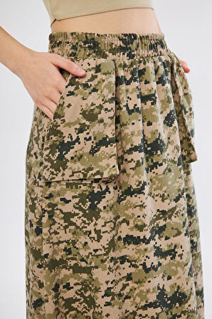 Kadın Kamuflaj Desen Gabardin Kumaş Etek Beli Lastikli Cep Detaylı Uzun Spor Etek 3553190