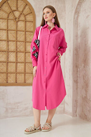 Kadın Uzun Kollu Poplin Cepli Oversize Uzun Günlük Spor Tunik Gömlek Elbise 3555270