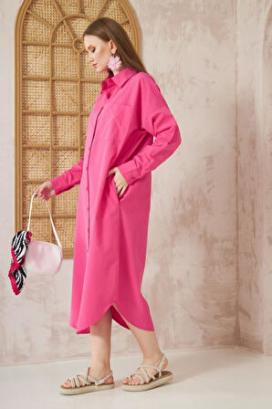Kadın Uzun Kollu Poplin Cepli Oversize Uzun Günlük Spor Tunik Gömlek Elbise 3555270
