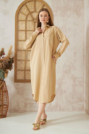 Kadın Uzun Kollu Poplin Cepli Oversize Uzun Günlük Spor Tunik Gömlek Elbise 3555270