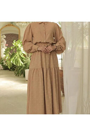 Kadın Siyah Kendinden Dokulu Kuşaklı, Uzun Balon Kollu Günlük Yazlık Uzun Aerobin Elbise 3550350