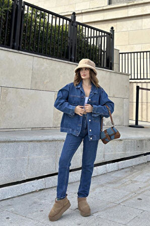 Kadın Jean Ceket Mont-Kalın Kot-Cepli-Salaş-KT002481