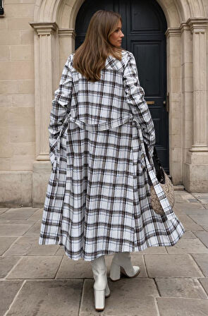 Kadın Uzun Oversize Kemerli Cepli Gabardin Trençkot (Astarsız) 3564