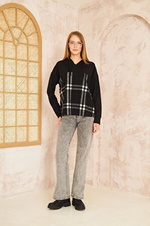 Kadın Kapüşonlu Oduncu Ekose Desenli Garnili Rahat Kesim Salaş Sweatshirt 3565