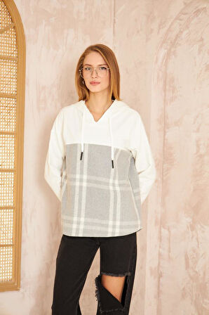 Kadın Kapüşonlu Oduncu Ekose Desenli Garnili Rahat Kesim Salaş Sweatshirt 3565