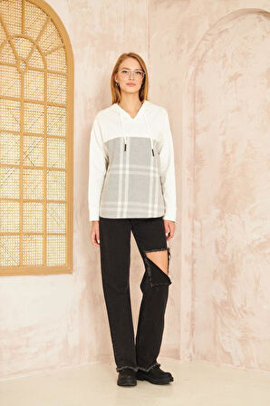 Kadın Kapüşonlu Oduncu Ekose Desenli Garnili Rahat Kesim Salaş Sweatshirt 3565