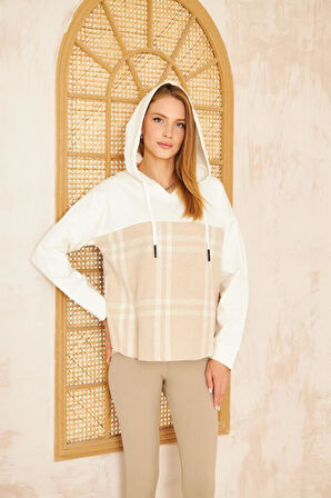 Kadın Kapüşonlu Oduncu Ekose Desenli Garnili Rahat Kesim Salaş Sweatshirt 3565