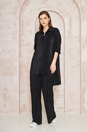 Kadın Pliseli Beli Lastikli Pantolon Tunik Gömlek Ikili Bürümcük Salaş Takım 3573300