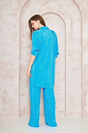 Kadın Pliseli Beli Lastikli Pantolon Tunik Gömlek Ikili Bürümcük Salaş Takım 3573300