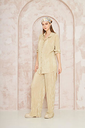 Kadın Pliseli Beli Lastikli Pantolon Tunik Gömlek Ikili Bürümcük Salaş Takım 3573300