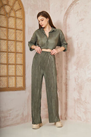 Kadın Pliseli Beli Lastikli Pantolon Tunik Gömlek Ikili Bürümcük Salaş Takım 3573300