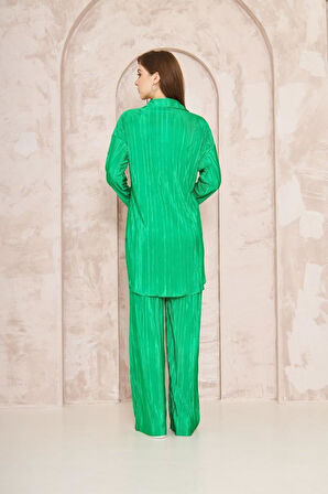 Kadın Pliseli Beli Lastikli Pantolon Tunik Gömlek Ikili Bürümcük Salaş Takım 3573300