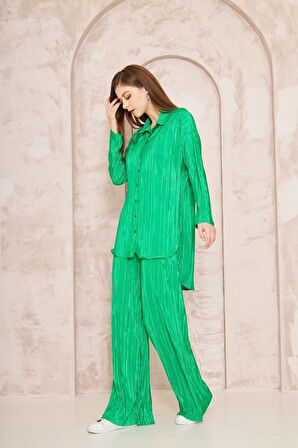 Kadın Pliseli Beli Lastikli Pantolon Tunik Gömlek Ikili Bürümcük Salaş Takım 3573300