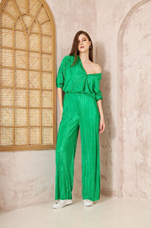 Kadın Pliseli Beli Lastikli Pantolon Tunik Gömlek Ikili Bürümcük Salaş Takım 3573300