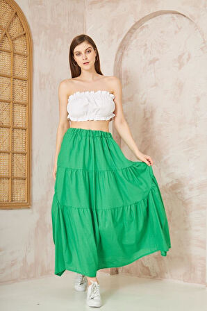 Kadın Cepli Asimetrik Kesim Fırfırlı Beli Lastikli Kloş 3 Kat Salaş Spor Etek 3574260