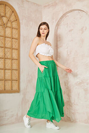 Kadın Cepli Asimetrik Kesim Fırfırlı Beli Lastikli Kloş 3 Kat Salaş Spor Etek 3574260