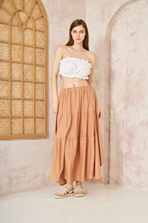 Kadın Cepli Asimetrik Kesim Fırfırlı Beli Lastikli Kloş 3 Kat Salaş Spor Etek 3574260