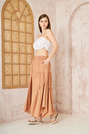 Kadın Cepli Asimetrik Kesim Fırfırlı Beli Lastikli Kloş 3 Kat Salaş Spor Etek 3574260