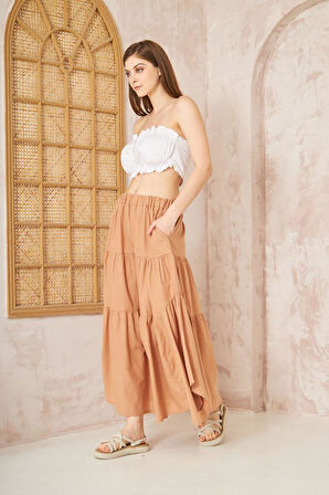 Kadın Cepli Asimetrik Kesim Fırfırlı Beli Lastikli Kloş 3 Kat Salaş Spor Etek 3574260