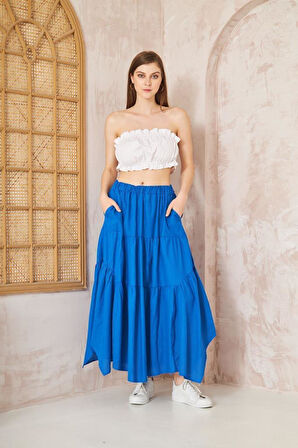 Kadın Cepli Asimetrik Kesim Fırfırlı Beli Lastikli Kloş 3 Kat Salaş Spor Etek 3574260