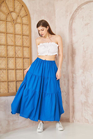 Kadın Cepli Asimetrik Kesim Fırfırlı Beli Lastikli Kloş 3 Kat Salaş Spor Etek 3574260