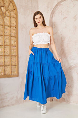 Kadın Cepli Asimetrik Kesim Fırfırlı Beli Lastikli Kloş 3 Kat Salaş Spor Etek 3574260