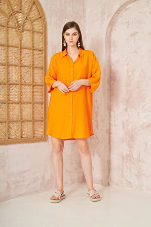 Kadın Midi Salaş Yarım Katlanır Kollu Keten Gömlek Elbise /kısa Yazlık Tunik Elbise 3582240